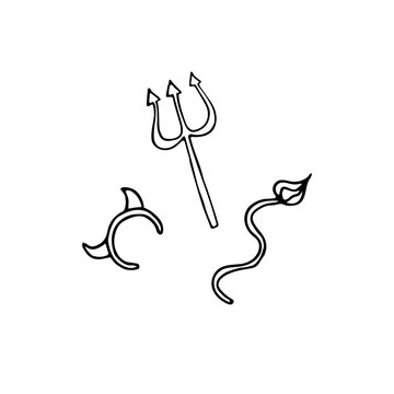 Halloween accessories doodle set. Outline devils look detail. Hand drawn horns, trident, tail isolated on white background. Outfit demon symbol of childrens autumn themed holidays, costume for rent