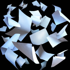 Flying paper sheets, flying pages isolated on black background