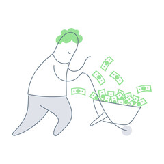 Outline cartoon man pushes a wheelbarrow full of paper money. Investment, earnings, profit. Flat line vector illustration