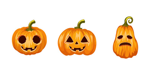Set of halloween pumpkins, funny faces. Autumn holidays. Halloween realistic pumpkins collection
