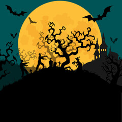 Halloween banner In Spooky Night with zombie and witch - Happy Halloween vector. halloween pattern easy to color adjustment