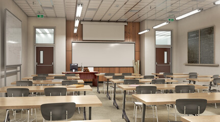 Modern classroom . High school. 3d illustration - obrazy, fototapety, plakaty
