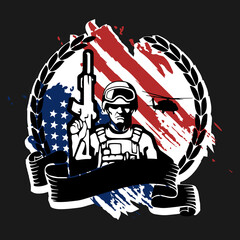 Soldier with weapon on the background of the flag of america, vector illustration