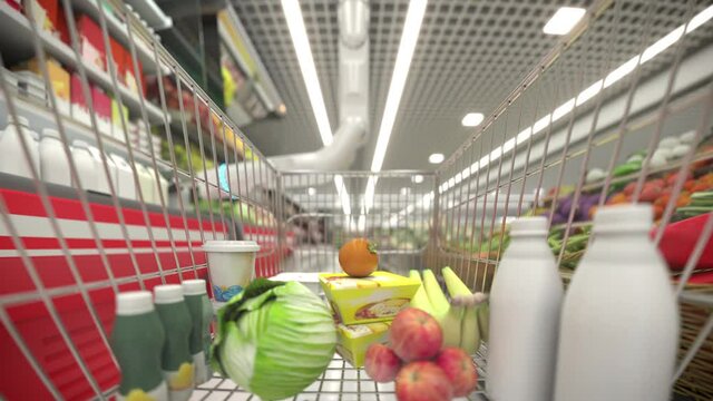 Hand robot buys food and puts them in the basket. 4k