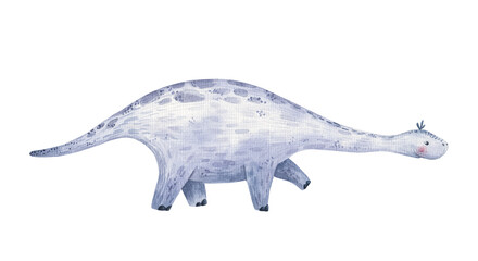 Fototapeta premium cute cartoon blue dinosaur with a long neck is looking for something at the bottom, children's illustration in watercolor, print design, stickers