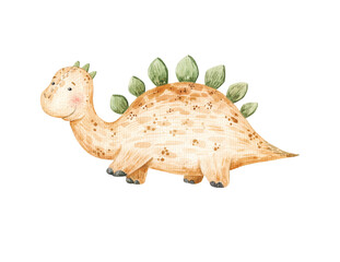 cute cartoon yellow dinosaur with short paws, childrens watercolor illustration, print design, stickers © Ilona