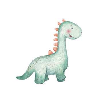 green cute cartoon dinosaur with a long neck, childrens illustration in watercolor, print design, stickers