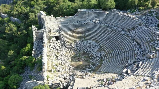 The amphitheatre in Termessos Ancient City. Termessos Pisidia region is an important ancient city founded by Solymos in Milyas section. Aerial view from Drone shooting 4K Video / Antalya-TURKEY