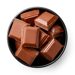 Bowl of milk chocolate isolated on white, from above