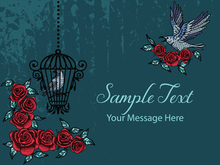 Gothic Halloween Raven Bird and Roses Vector Card Background