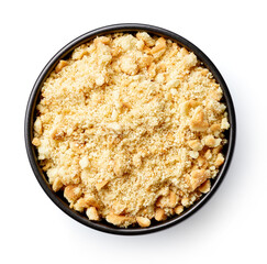 Bowl of biscuit crumbs isolated on white, from above