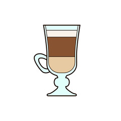 Glass of latte or cappuccino. Cute mug with milk, coffee, foam isolated on white background. Hot drink in transparent cup with handle. Vector illustration for coffee shop, menu, cafe, kitchen, print