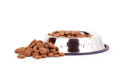 Dog food in bowl, isolated on white