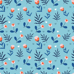 Floral pattern. Purple flowers flowers on a blue background.Vector seamless floral pattern in doodle style.Cute Poster .
Scandinavian style .Minimalisn . Nature .