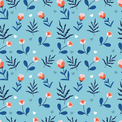 Floral pattern. Purple flowers flowers on a blue background.Vector seamless floral pattern in doodle style.Cute Poster .
Scandinavian style .Minimalisn . Nature .
