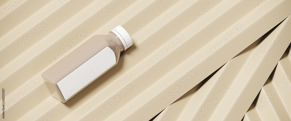 Poster minimal mockup background for product presentation. almond milk bottle on beige corrugated panel bac