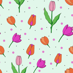 Colorful drawn pink purple and orange tulips seamless pattern on green background with dots