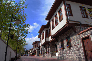 Fototapeta na wymiar Streets and historic homes in Turkey's capital of Ankara's Hamamonu neighborhood.