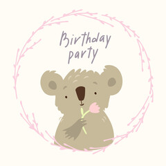 cute vector koala with flower in wreath. birthday party