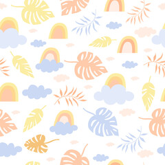 Fototapeta na wymiar delicate pastel tropical pattern with palm leaves and rainbow