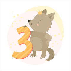 cute wolf and number three. newborn baby. birthday