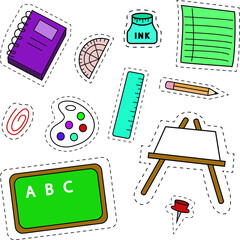 Vector Illustration Graphic Clip Art Sticker Pack Doodle School Stationery Supplies Outline Set Isolated Elements White Background