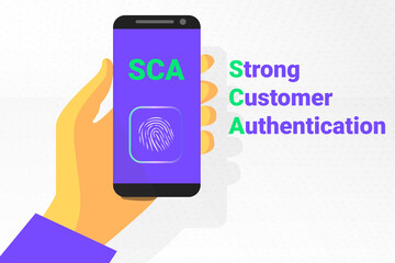 SCA - Strong Customer Authentication. Vector illustration. secret identification by fingerprint
