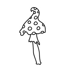 Cartoon contour fungus is isolated on a white background. Mushroom on a long leg with a yubue and a hat with spots.