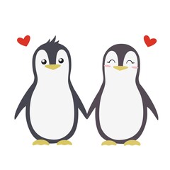 Two cute penguins in love. Bird couple and heart. Vector illustration in flat style.