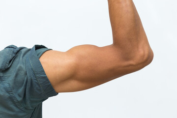 Strong human hand with muscles on white background