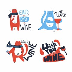 Cat with wine lettering set. Motivation text with caracters and wineglasses modern inspiration phrase for bar cafe restaurant or shop colorful doodle kitchen poster postcard vector isolated collection