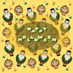 Naklejka premium Halloween pattern illustration with Frankenstein on the yellow colours with inscription