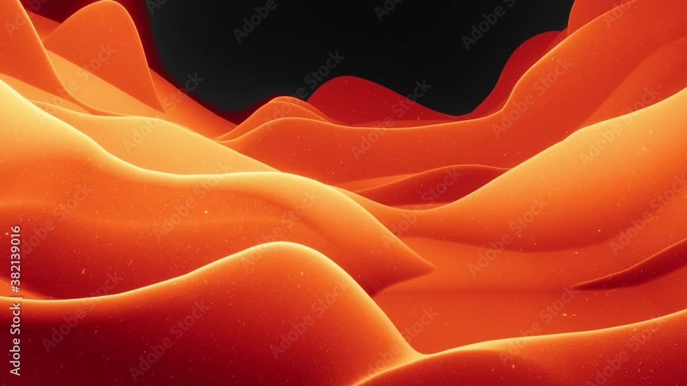 Poster beautiful abstract 3d surface with glitter sparkles, abstract 3d waves run on surface in loop. red o