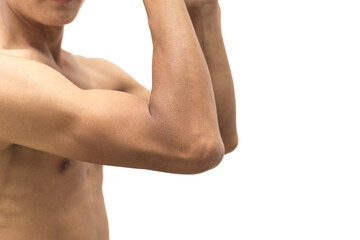 Strong human hand with muscles on white background