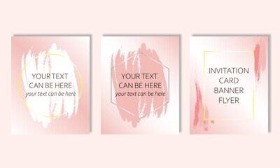 Set of cards, invitations, banners, flyers, brochures, advertisements for sales, weddings, birthday, events, congratulations in pink color with geometric shapes. Gently pink background.