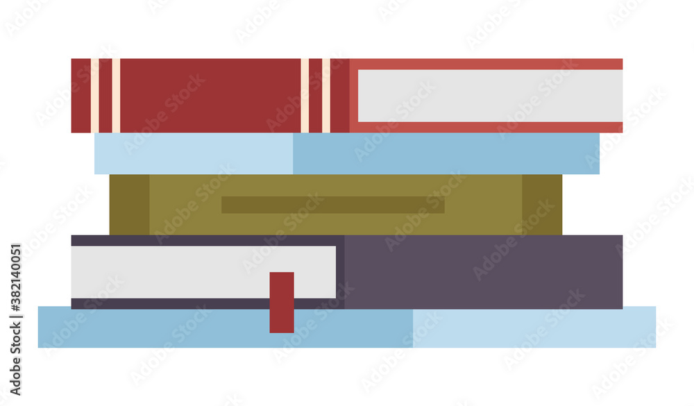 Poster set of colored books icons in flat design cartoon style. horizontal stack of textbooks lying one on 