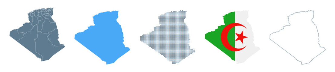 Fototapeta premium Algeria Map Set - Vector Solid, Contour, Regions, Flag, Pixels