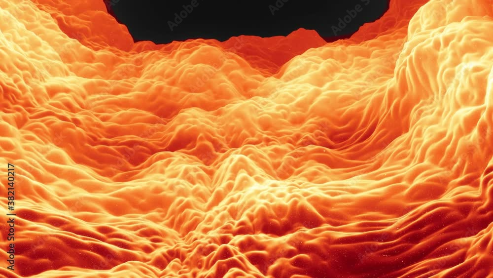 Poster beautiful abstract 3d surface with glitter sparkles, abstract 3d waves run on surface in loop. red o