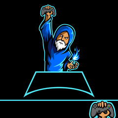 Mascot logo wizard esport holding joystick with blue robe in black background