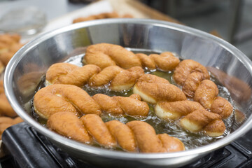 Twist bread donut, a street food in Korea. Fried donuts.