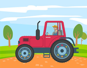 Farmer rides red tractor across the field. Harvesting, cultivating the land. Growing vegetables and wheat. Farmland with hill and bushes. Farmer in tractor at rural landscape background. Flat image