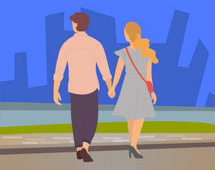 Young couple, back view, blond girl and guy in brown trousers, walk in evening city. River, skyscrapers, buildings background. Happy people hold hands and smile. Outdoor activities, open air walking