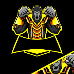 Mascot logo gorilla esport boxing pose with gold armour in black background