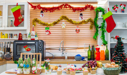 copy space decorated kitchen prepared for Christmas and tableware.