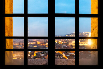 Window frame with blur background of romantic europe city at night
