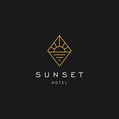elegant hipster gold sun sunset sunrise with beach ocean sea water logo icon vector in trendy line linear,  outline logo vector for hotel 