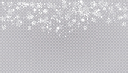 White snow flies on a transparent background. Christmas snowflakes. Winter blizzard background illustration.