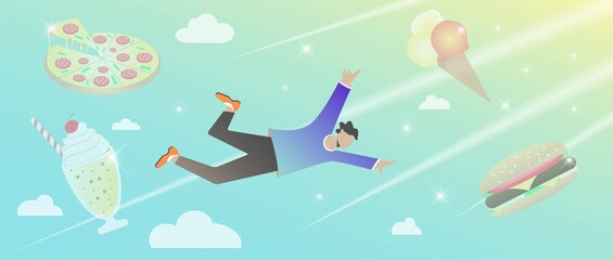 Hungry man flying between food and clouds in the sky, dreaming about junk food. Illustration flat cartoon design.