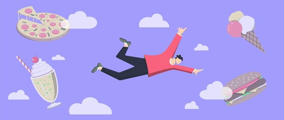 Hungry man flying between food and clouds in the sky, dreaming about junk food. Illustration flat cartoon design.