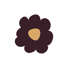 Black flower with a yellow heart in flat style. Vector graphic element for print, design, print and decoration of a botanical theme. Cute big and funny flower in trending style